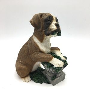 Bulldog Puppy. Resin. Puppy with Plant. 5.5” tall